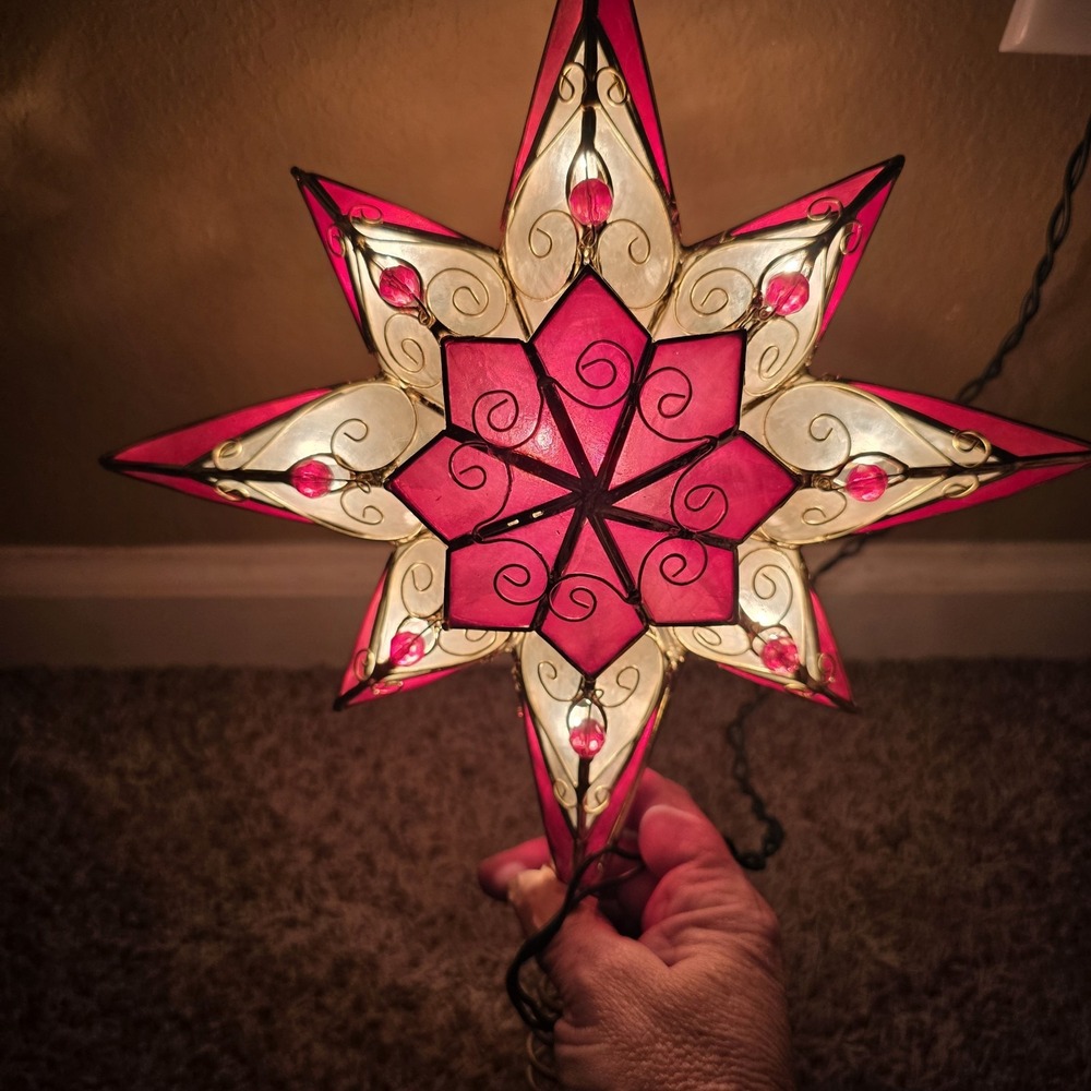 11" UL 10-Lighted 8 Point Gold & Red Beaded Capriz Star Beautiful Treetop